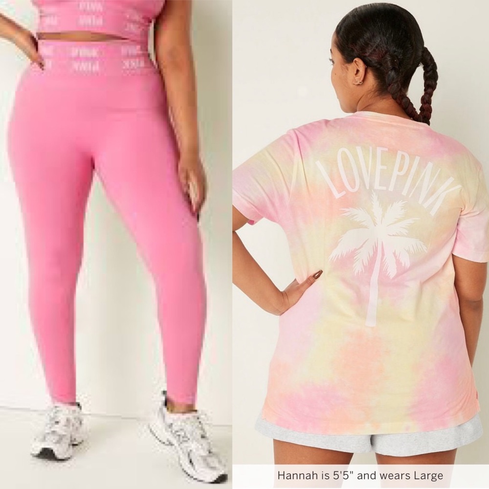 VS PINK 2 PIECE Dreamy Pink Seamless Leggings Tie Dye Tropical Campus Henley Tee